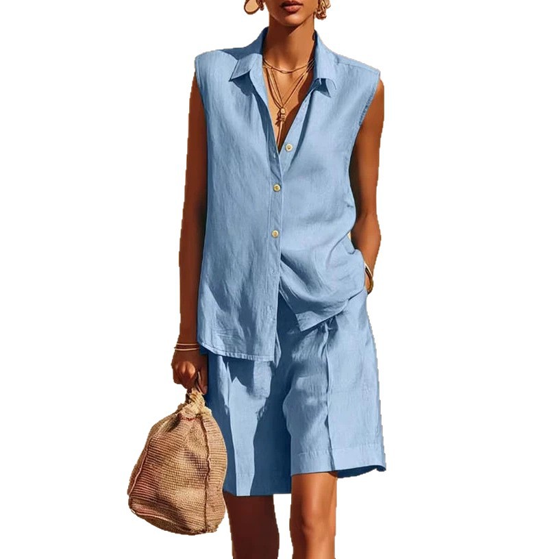 Women's Solid Color Button-Front Collared Shirt & Shorts Set