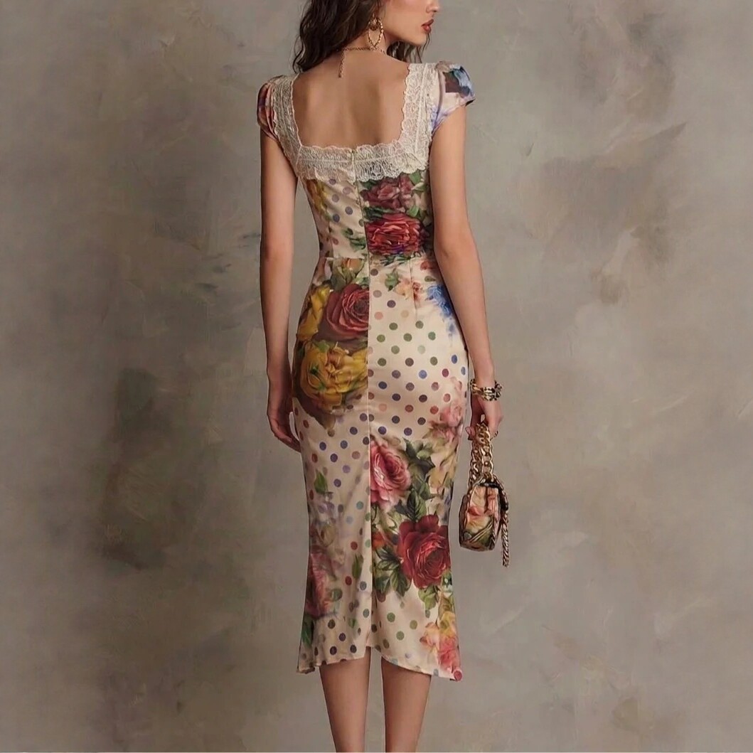 Vintage Floral Print Square Neck Midi Dress with Waist-Cinching Fit