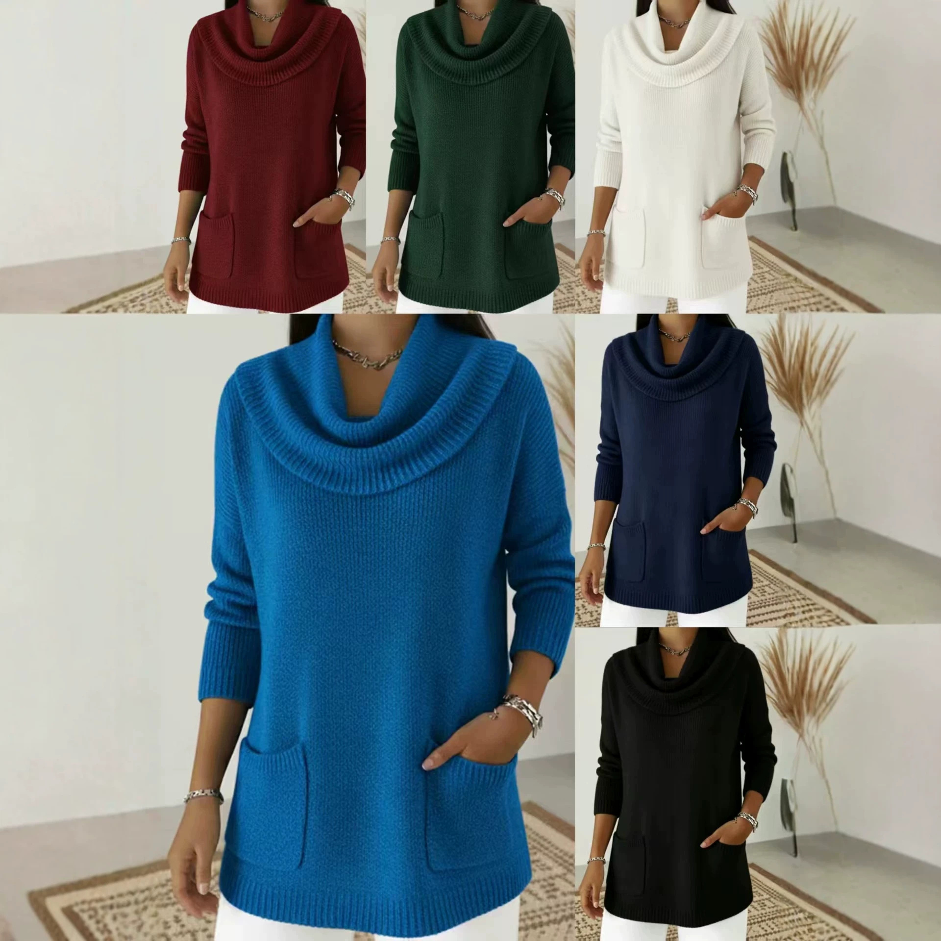 Women's Solid Color Pocket Long Sleeve Sweater