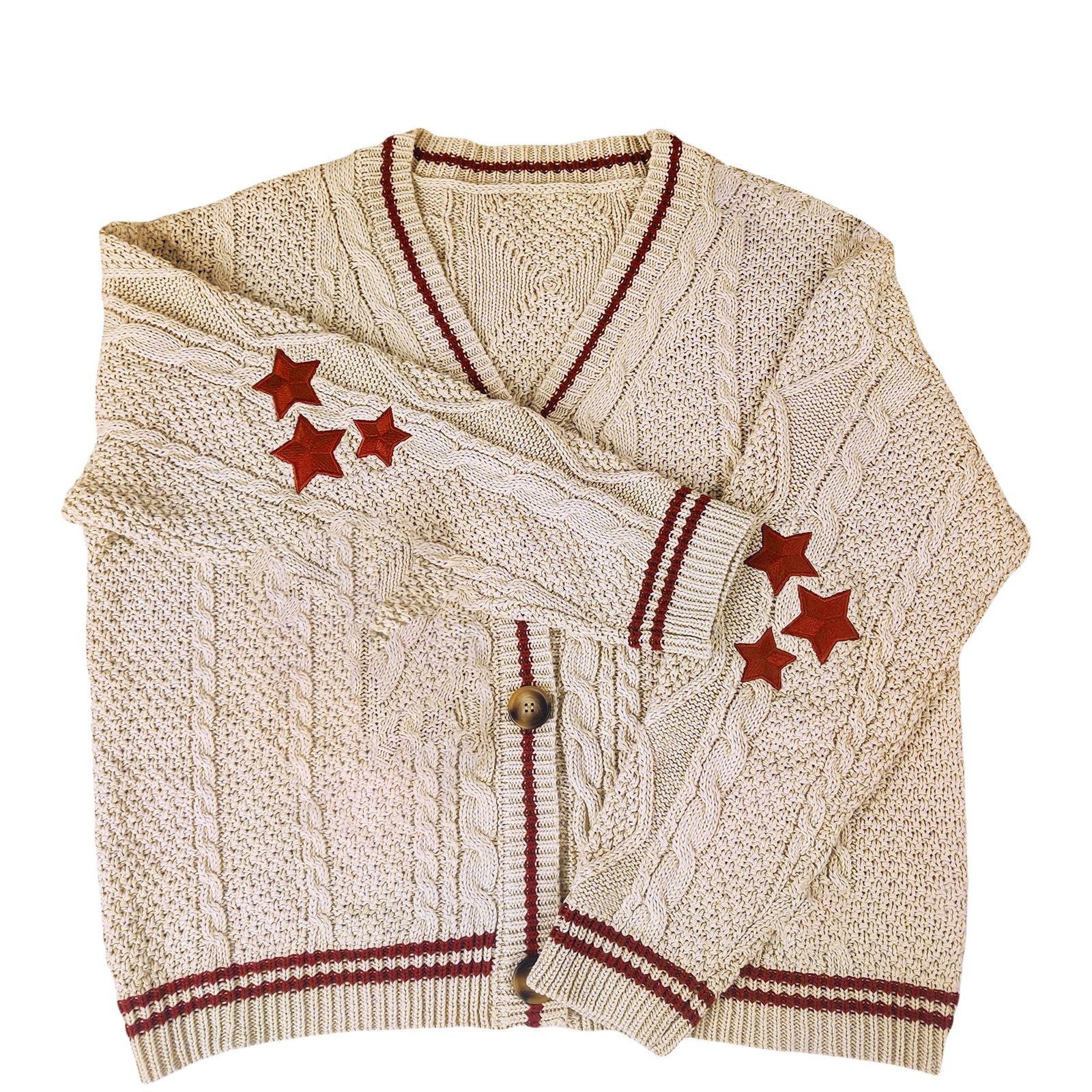 V-Neck Star Embroidered Button-Front Loose Knit Cardigan Sweater
