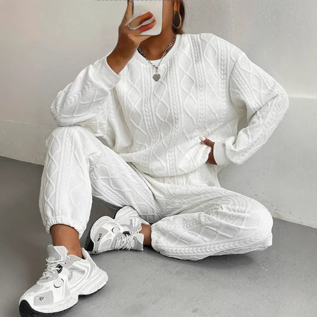 Women's Cable Knit Patchwork Long Sleeve Round Neck Top and Jogger Pants Two-Piece Set