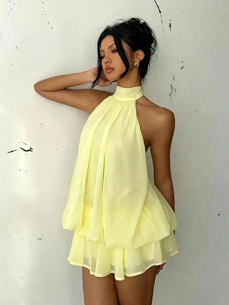 Women's Halter Neck Chiffon Dress High Waist A-Line Mini Vacation Dress