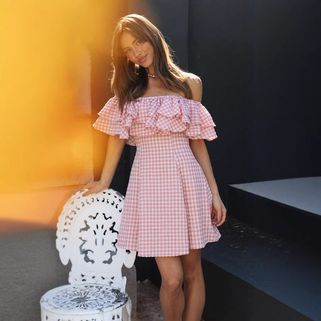 Plaid Off-Shoulder Ruffle-Trim Dress