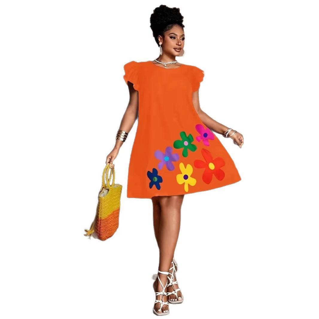 Women's Floral Print A-Line Dress with Round Neck and Ruffle Sleeves
