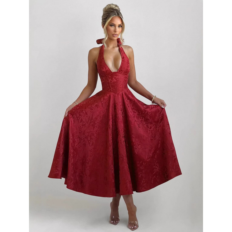 V-Neck Halter Jacquard Evening Dress Sleeveless Open-Back A-Line Long Gown