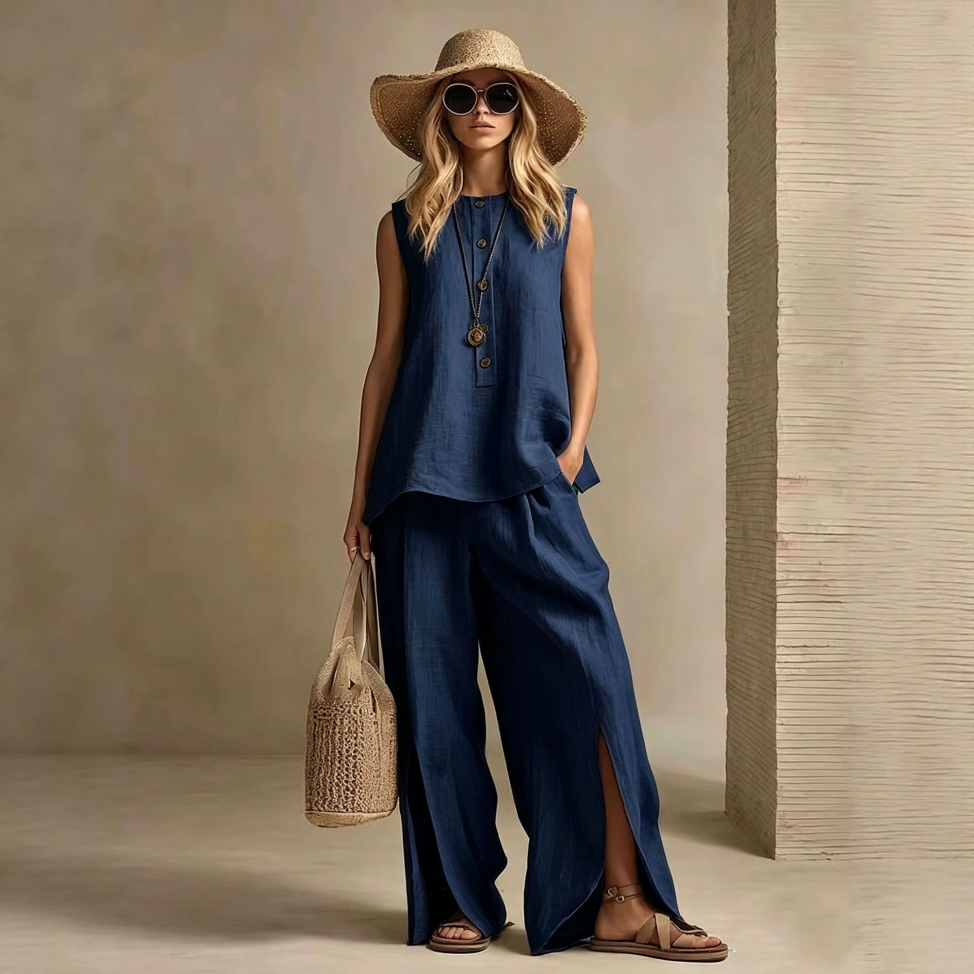 Women's Sleeveless Shirt & Pants Two-Piece Set Loose Fit