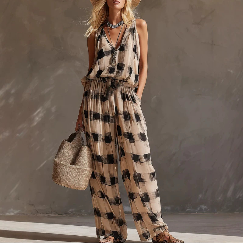Retro Color Block Abstract Plaid Chiffon Top and Pants Set