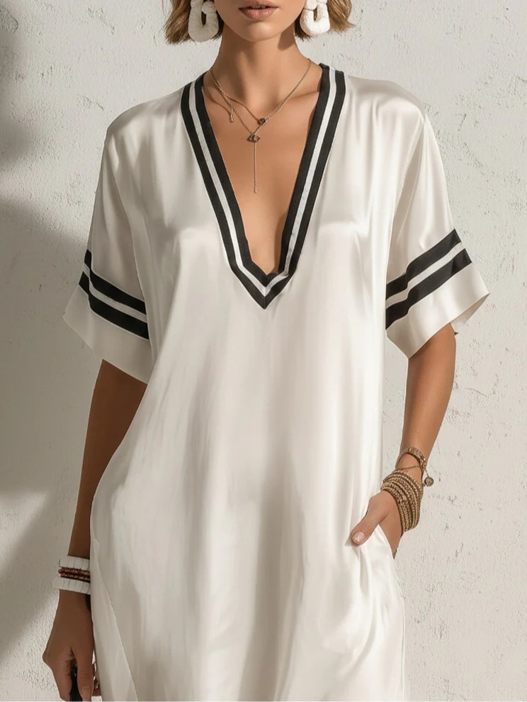 Satin Striped Deep V-Neck Short Sleeve Long Dress with Side Slit
