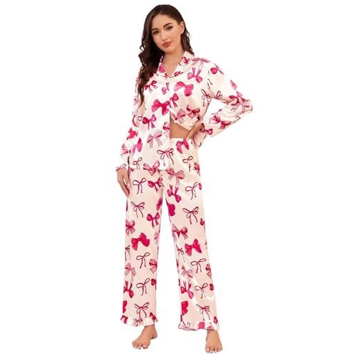 Women's Cuban Collar Butterfly Ribbon Print Long Sleeve Loungewear Set