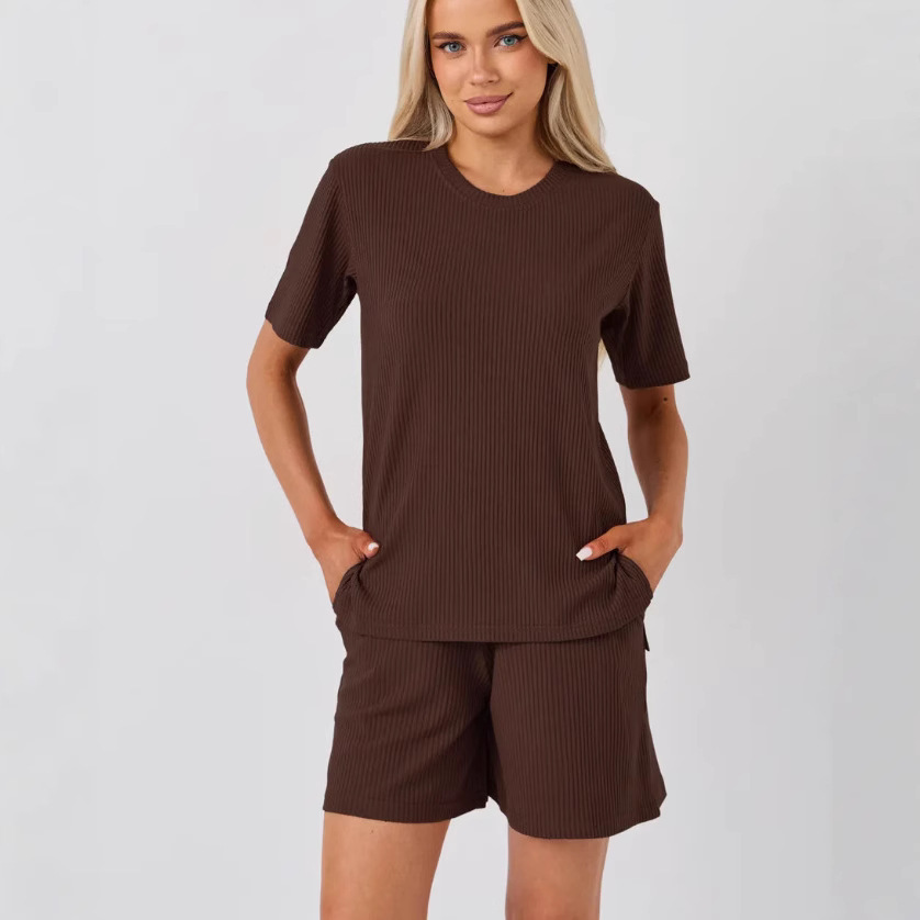 Women's Ribbed Short Sleeve & Shorts Two-Piece Set