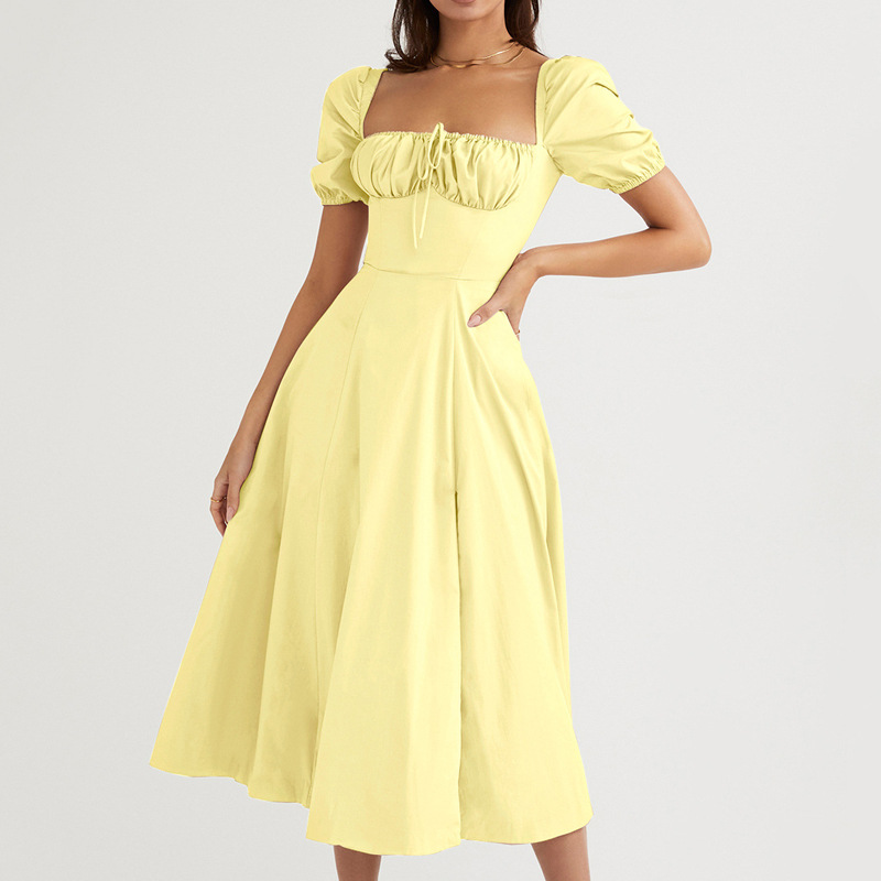 Elegant Solid Color Puff Sleeve Slit Dress for Commuting
