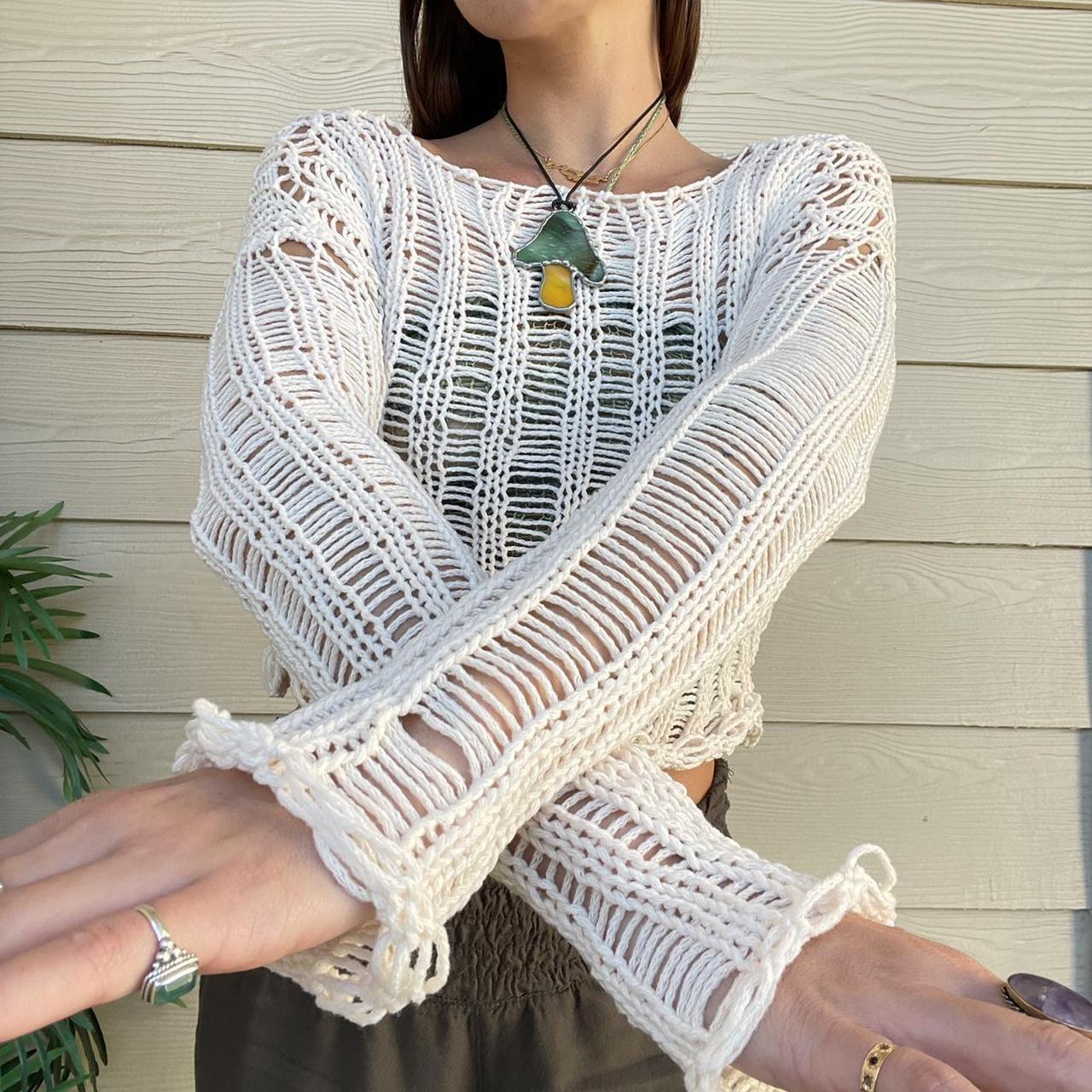 Sun Protection Knit Cover-Up Crewneck Long Sleeve Hollow-Out Short Casual Top