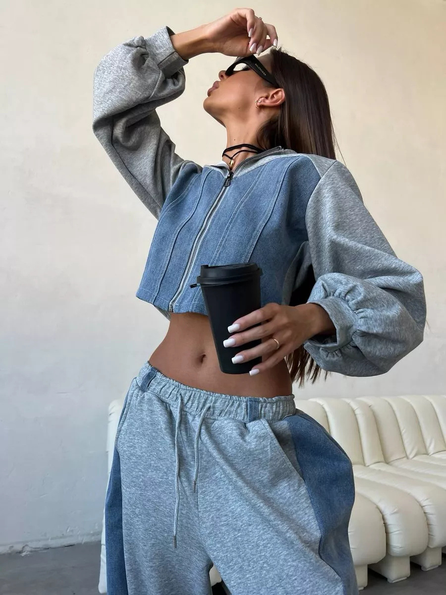 Women's Color-Block Hooded Cardigan and Wide-Leg Pants Set