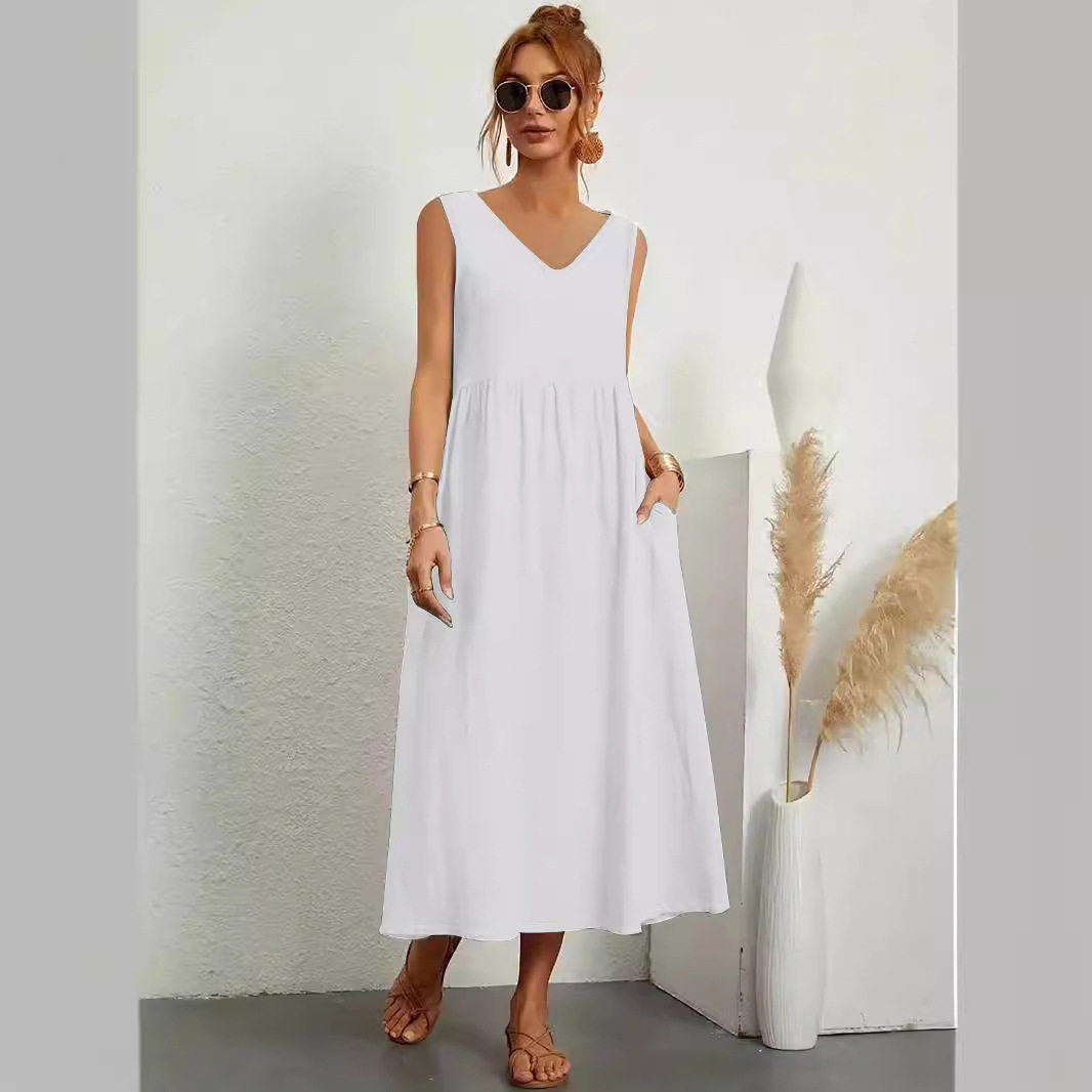 Women's Solid Sleeveless V-Neck Pocket Loose A-Line Dress