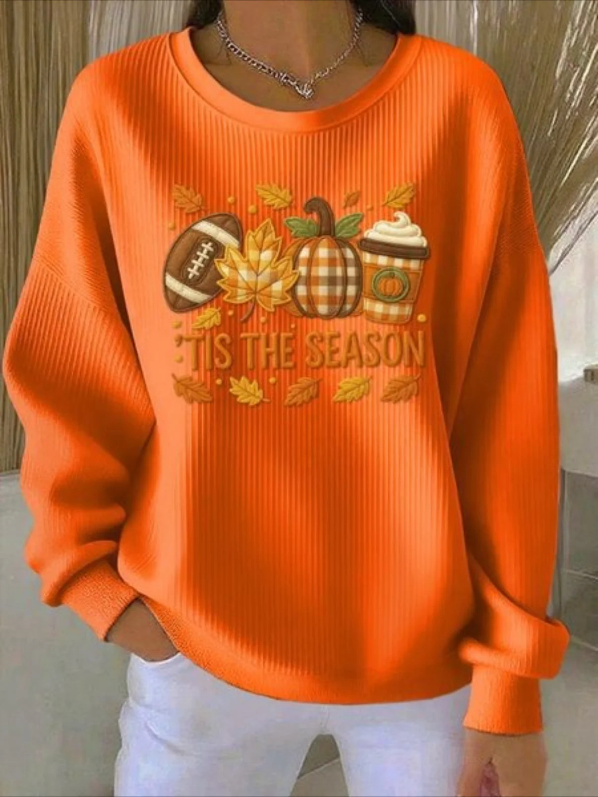 Women's Pumpkin Christmas Tree Bow Print Crewneck Sweatshirt