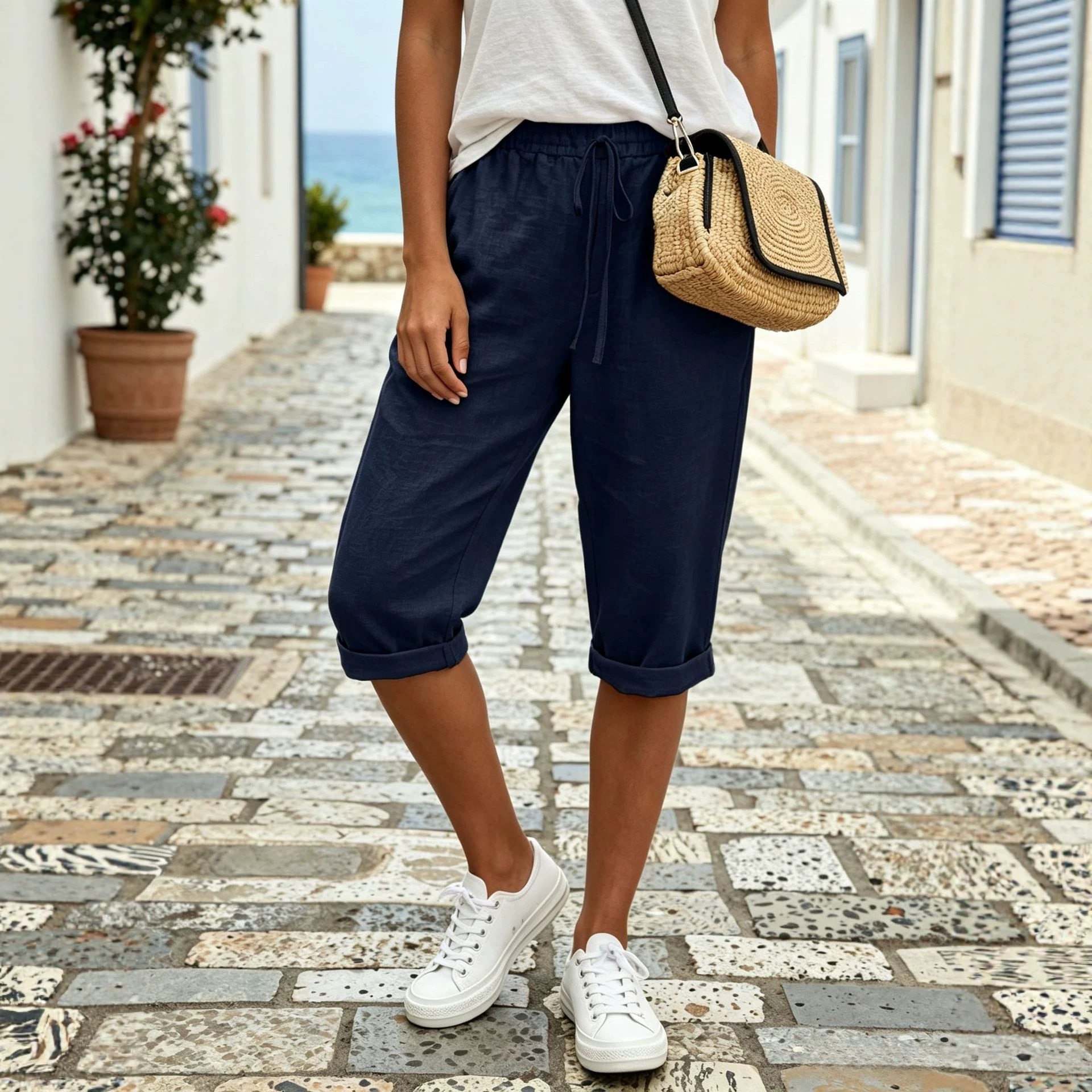 Women's Cotton-Linen Wide-Leg Capri Pants Elastic Waist Loose Straight Rolled Hem