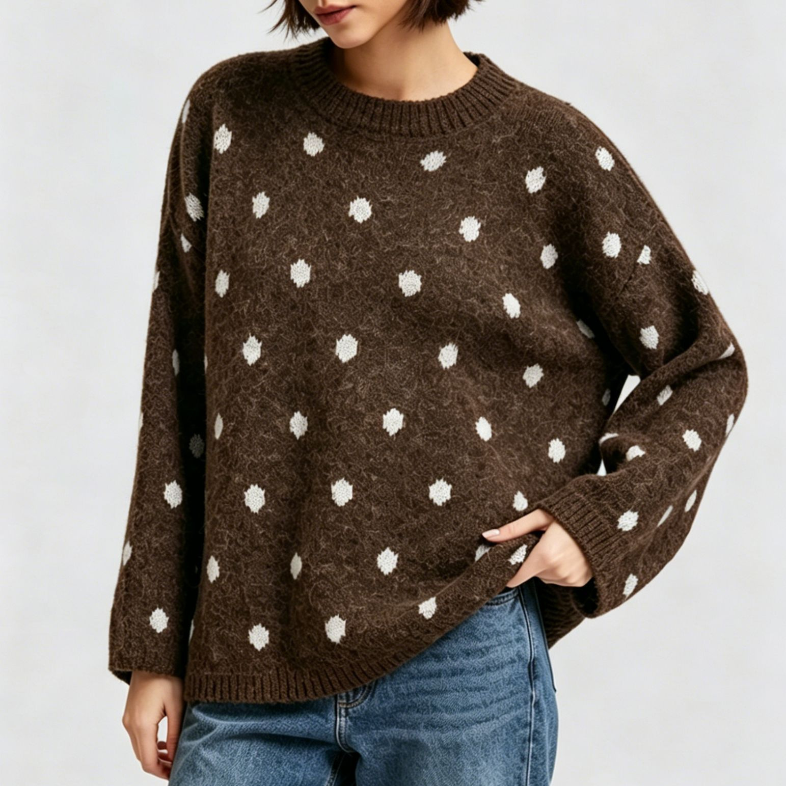 Polka Dot Crewneck Pullover Sweater for Women Soft Knit Top