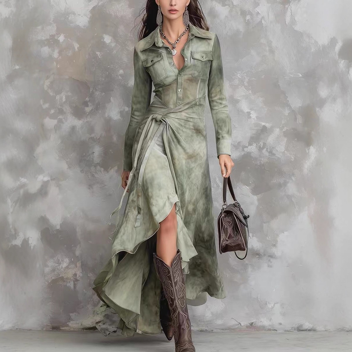 Printed Long-Sleeve Vintage-Style A-Line Maxi Dress with Tie Detail
