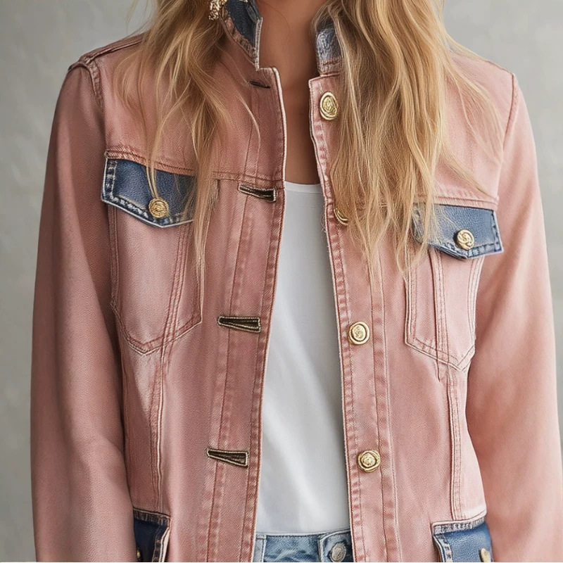Retro Pink Denim Jacket for Women Casual Mid-Length