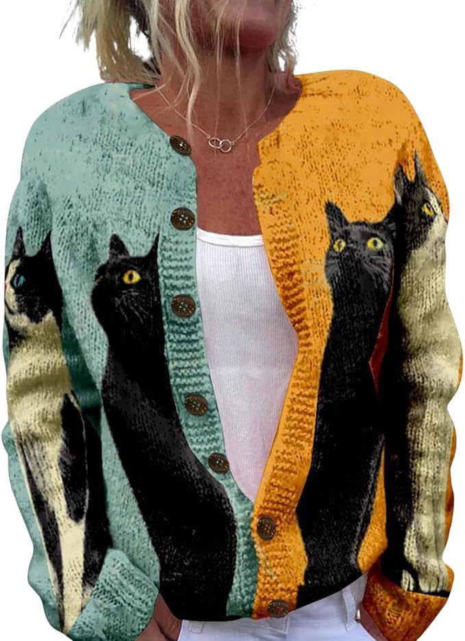 Women's Animal Pumpkin Maple Leaf Print Button Cardigan
