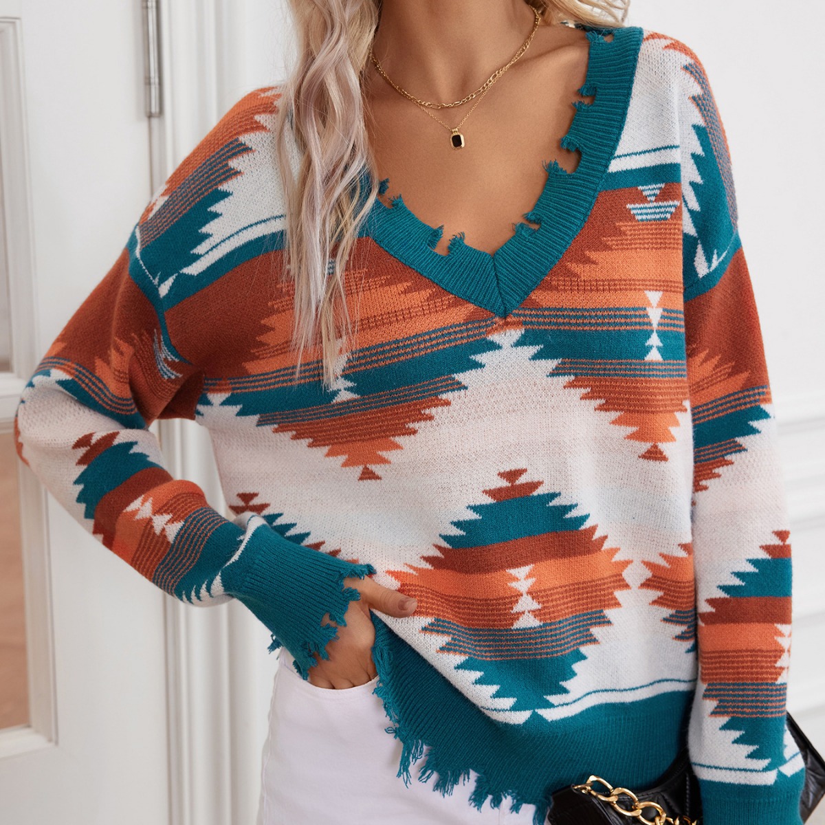 Aztec Geometric Jacquard V-Neck Pullover Sweater