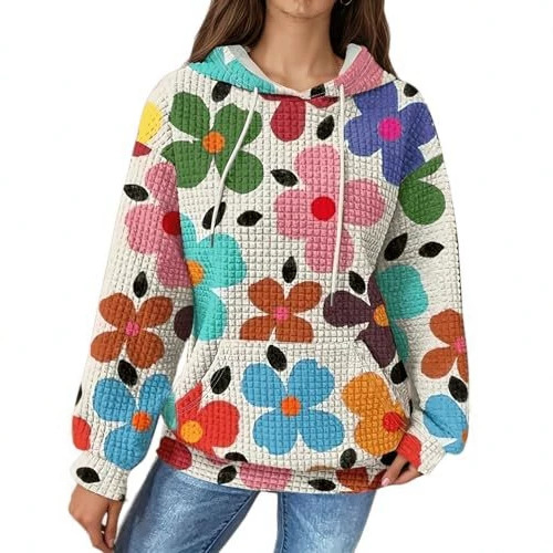 Women's Floral Print Casual Hoodie Long Sleeve Crew Neck