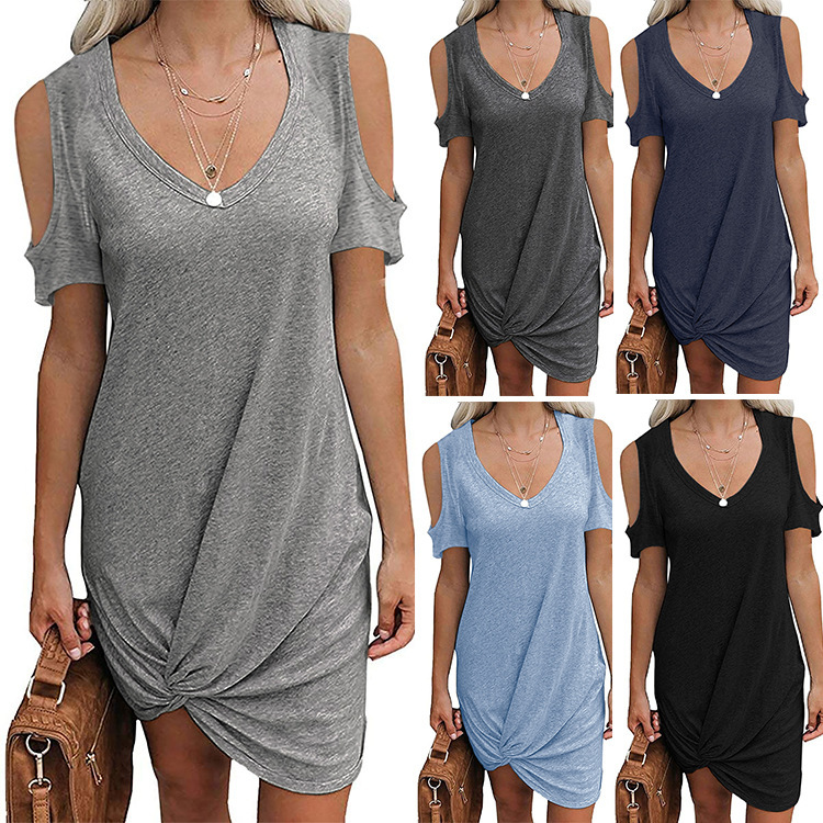 Women's Off-Shoulder Twist Knot Short Sleeve T-Shirt Dress Solid Color