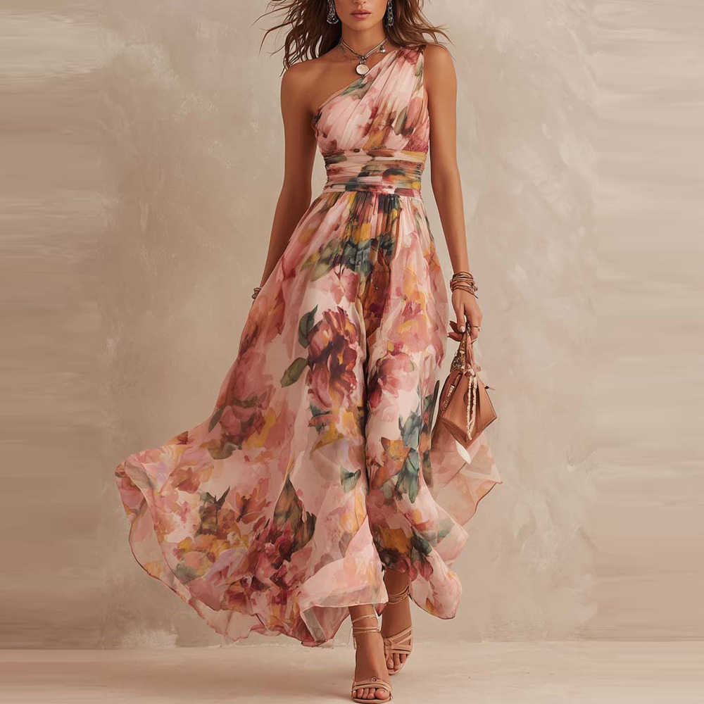 Floral Print Asymmetric Neckline High Waist Sleeveless Maxi Dress