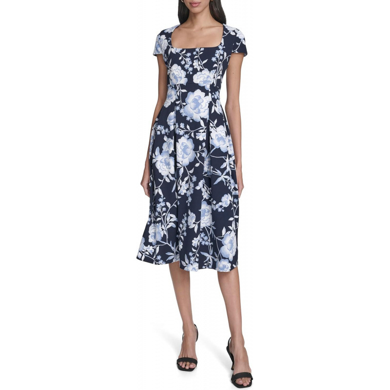Floral Print Short Sleeve Midi Dress Square Neck A-Line