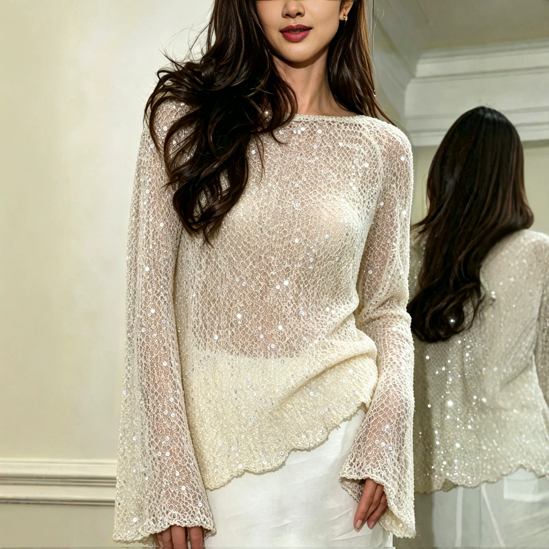 Sequin Knit Long Sleeve Top Slim Fit Crew Neck