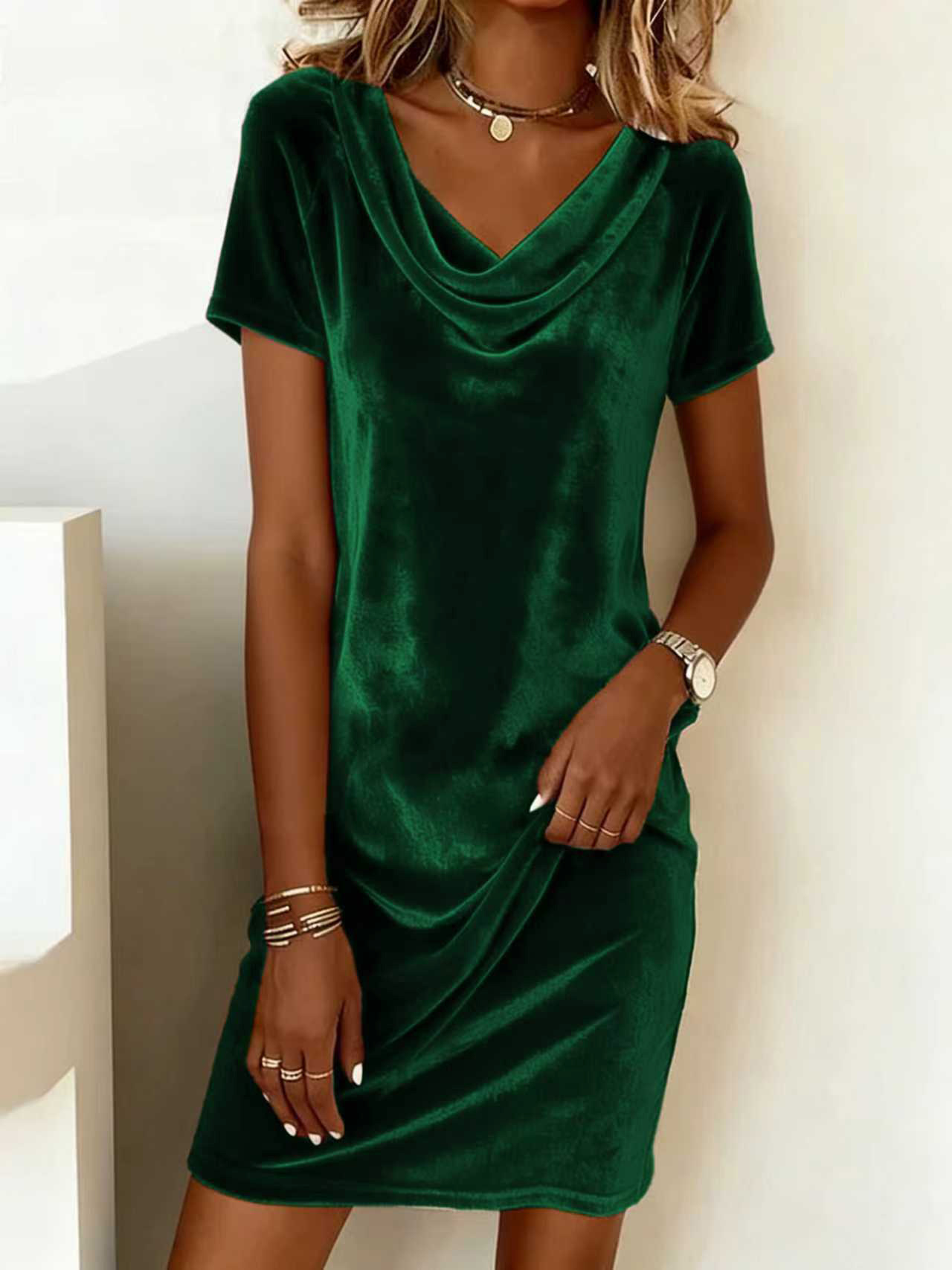 Women's Cowl Neck Velvet Midi Dress Slim Fit Elegant