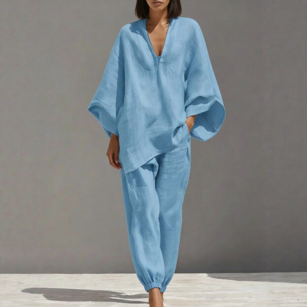 Women's Deep V-Neck Batwing Sleeve Loose Casual Two-Piece Set