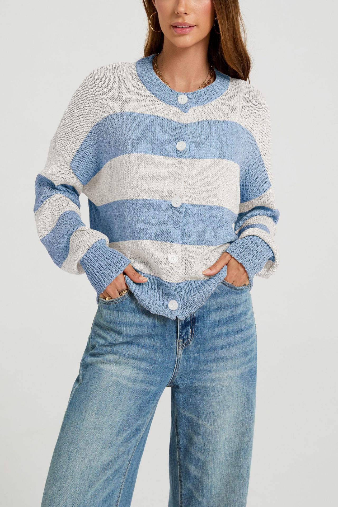 Striped Round Neck Cardigan Sweater Loose Fit Colorblock Knit Top