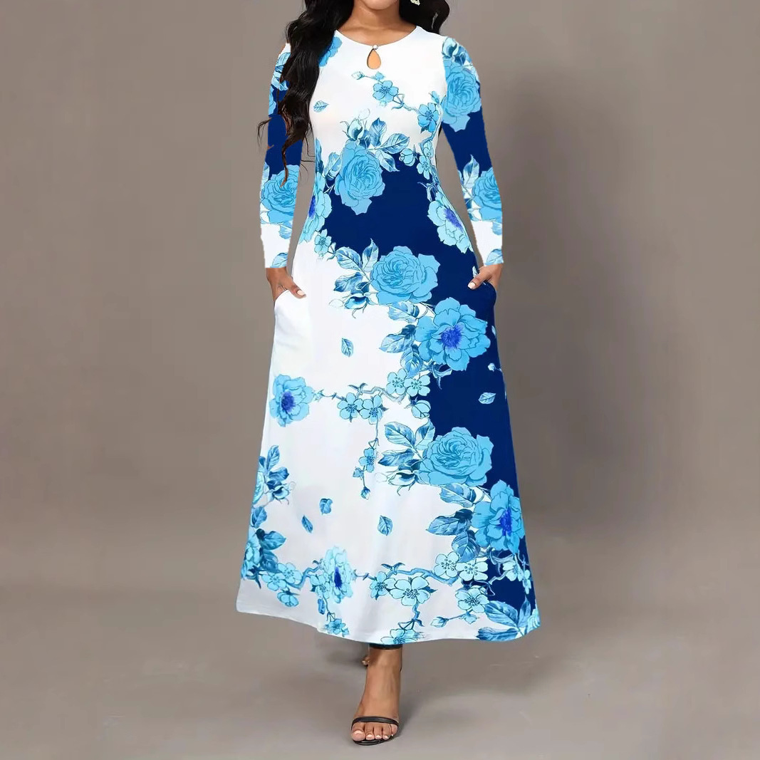 Women's Round Neck Long Sleeve Floral Print Pocket Waist-Fitted Maxi Dress