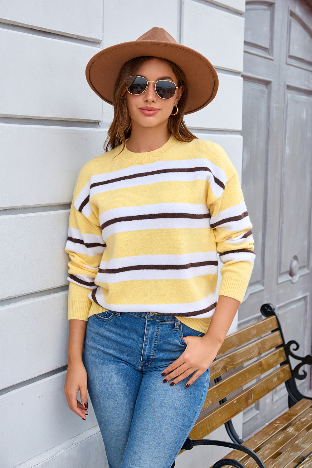 Striped Crewneck Pullover Sweater Long Sleeve Plus Size