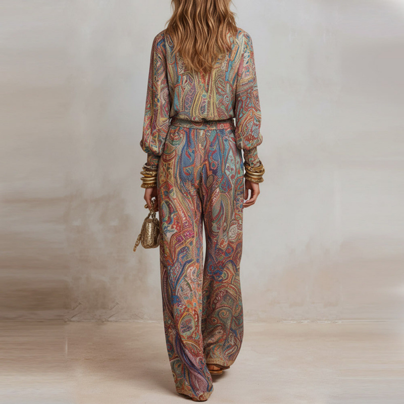 Women's Deep V-Neck Wide-Leg Pants Set Casual Two-Piece Outfit