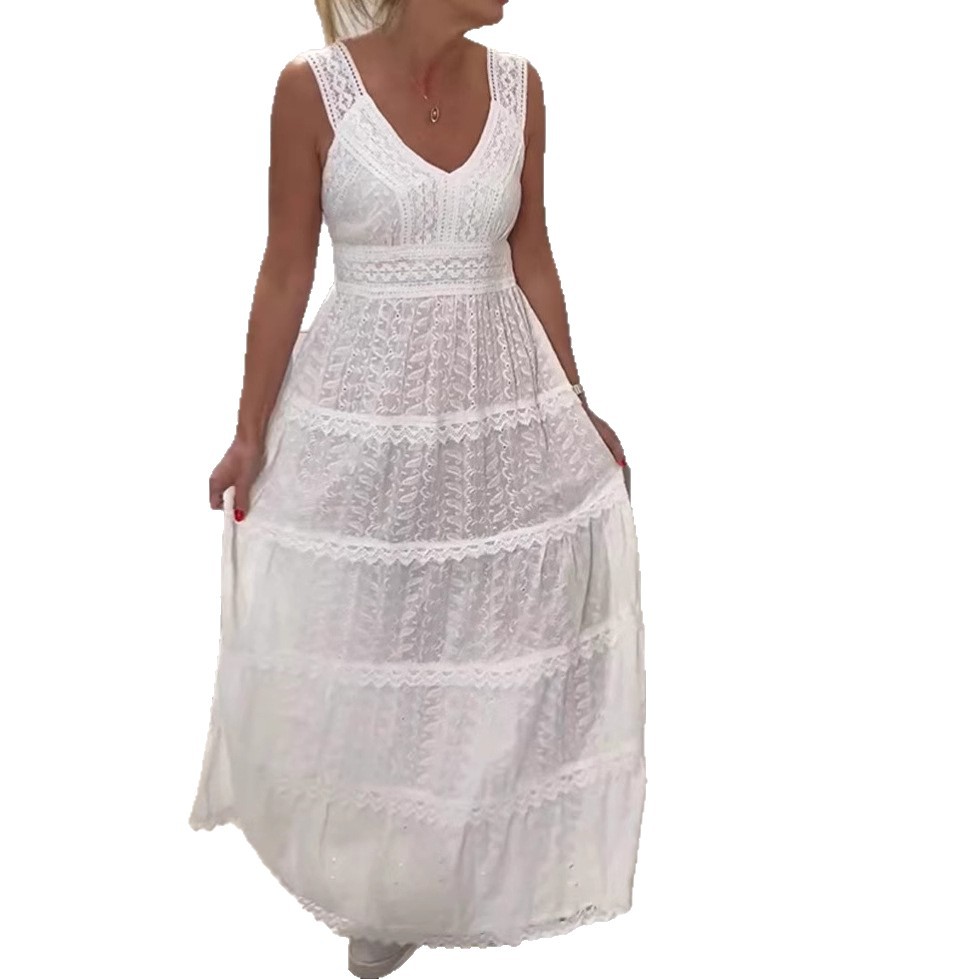 Women's Solid V-Neck Sleeveless Lace Panel Cami Dress