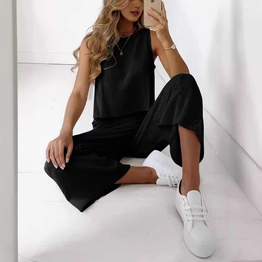 Cotton-Linen Sleeveless Top & Wide-Leg Pants Two-Piece Set