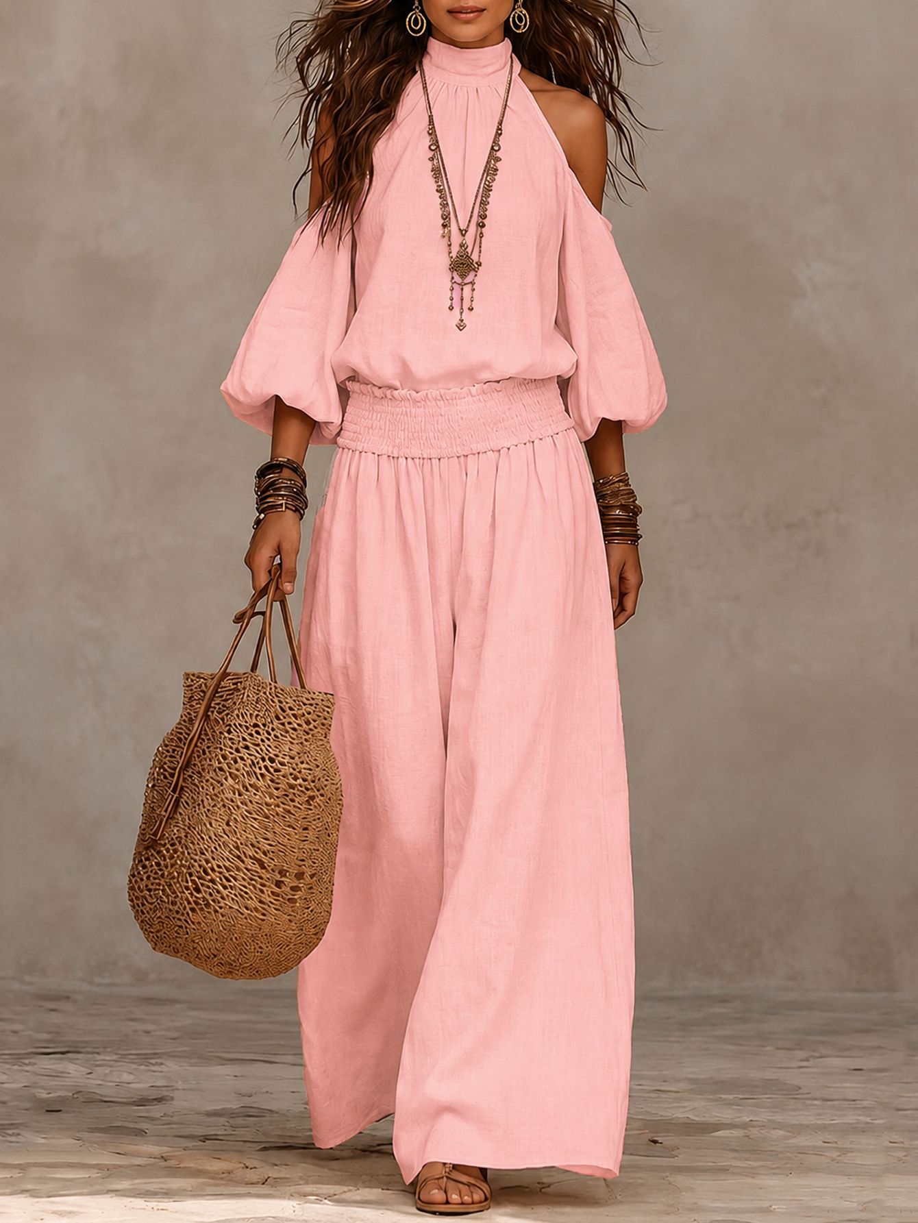 Women's Casual Crewneck Long Sleeve Cutout Top and Smocked Wide-Leg Pants Set