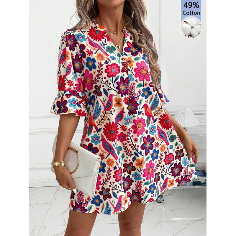 Floral Print V-Neck Short Sleeve Midi Dress