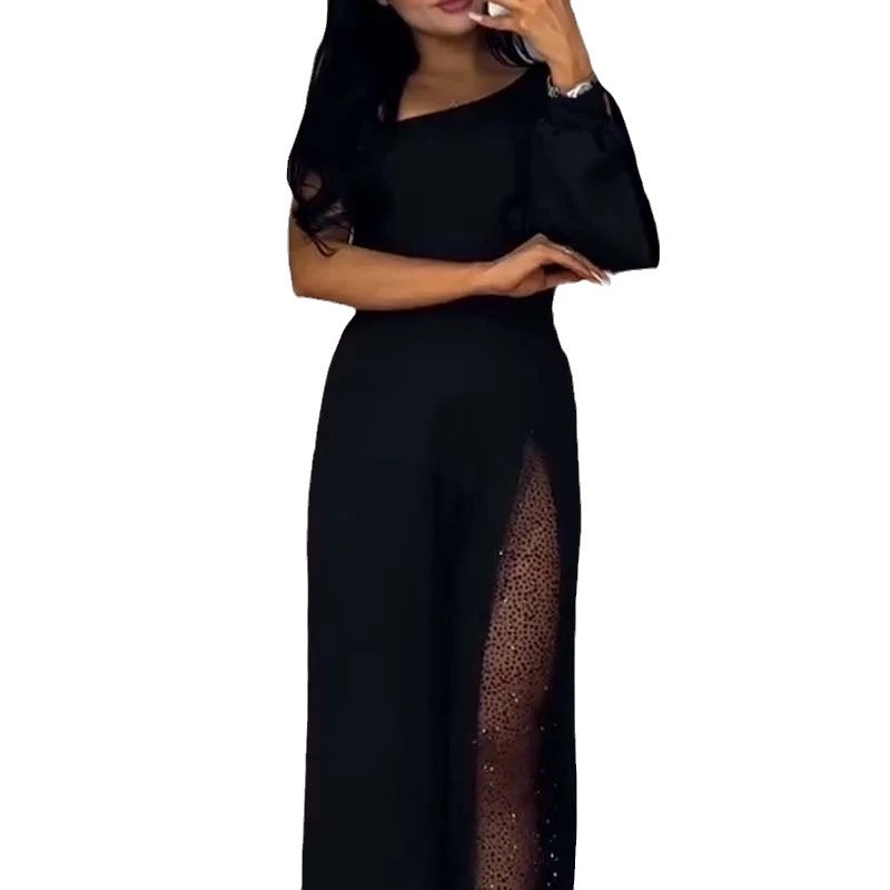 Women's One-Shoulder High-Slit Jumpsuit with Flared Pants