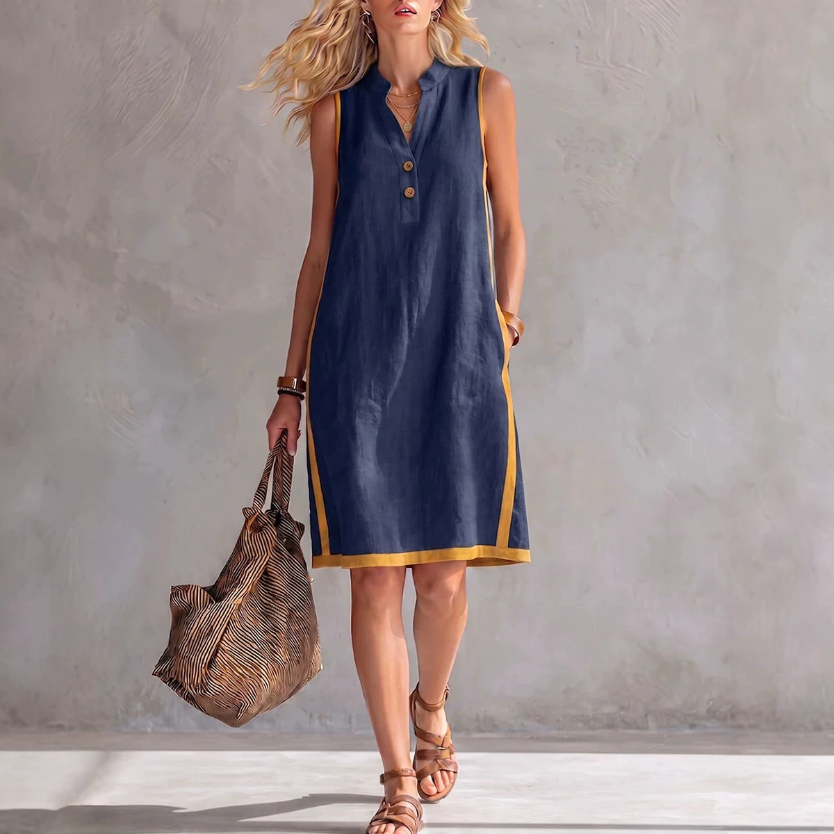 Women's V-Neck Sleeveless Loose Cotton Linen Midi Dress