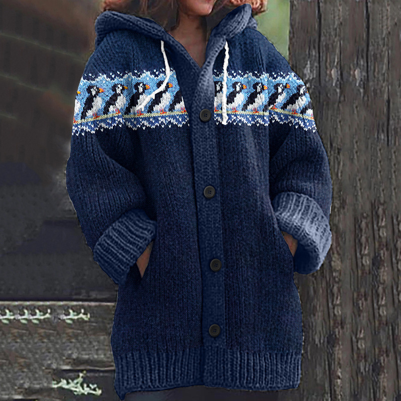 Women's Animal & Plant Print Hooded Button Cardigan