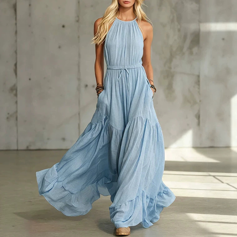 Blue Sleeveless Cotton-Linen Maxi Dress