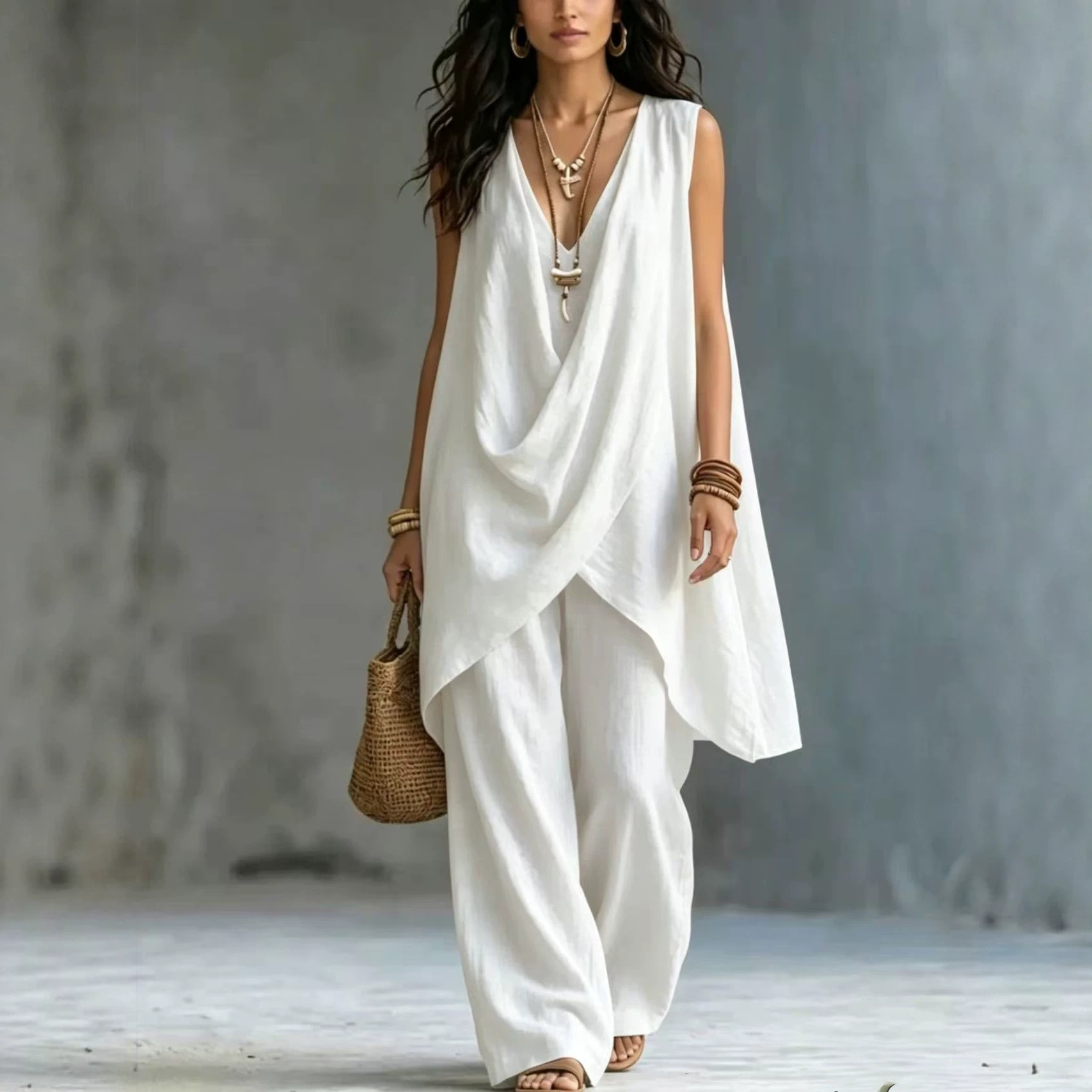 Women's Sleeveless Stand Collar Cotton Linen Two-Piece Set