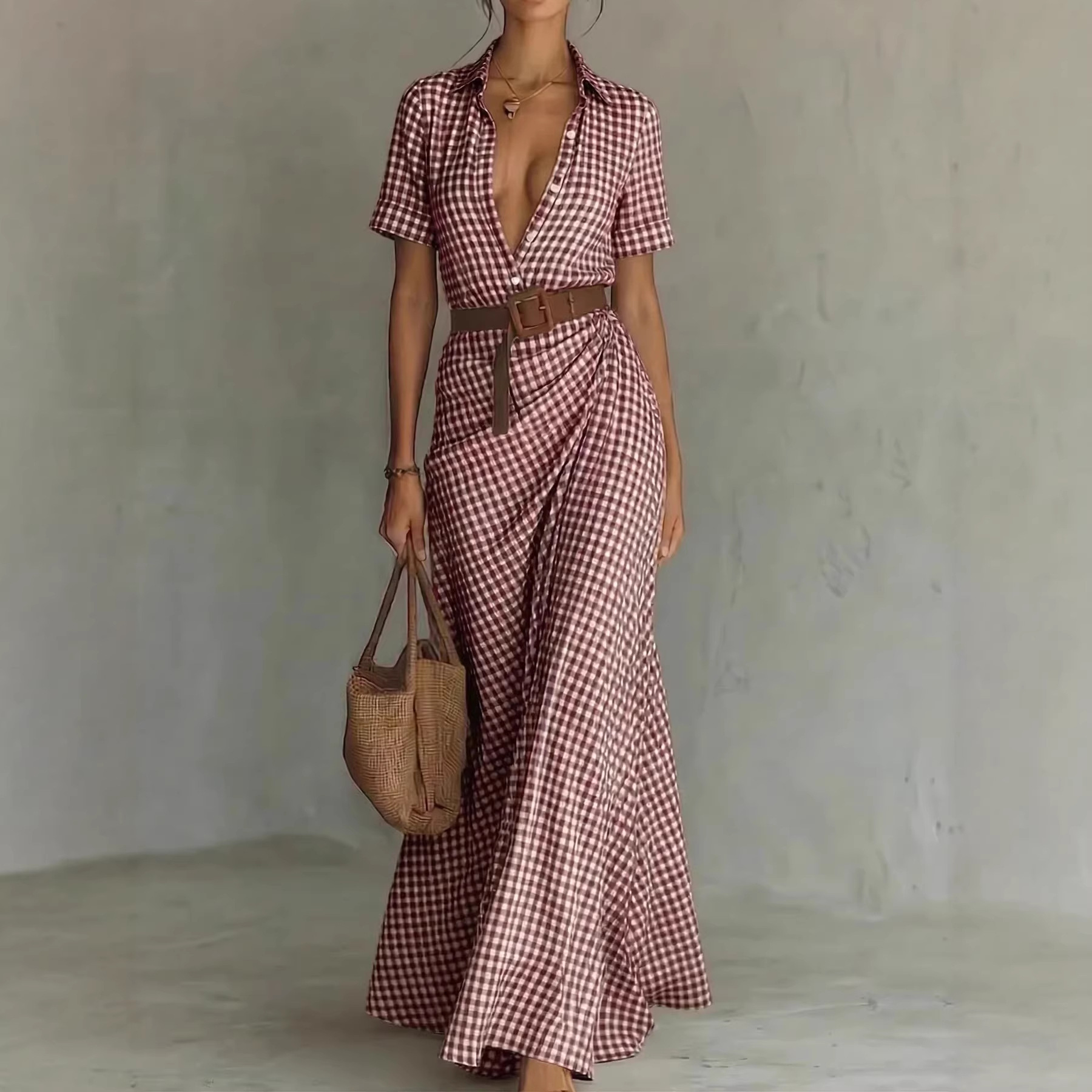 Elegant Plaid Irregular Ruffle Dress with Belt