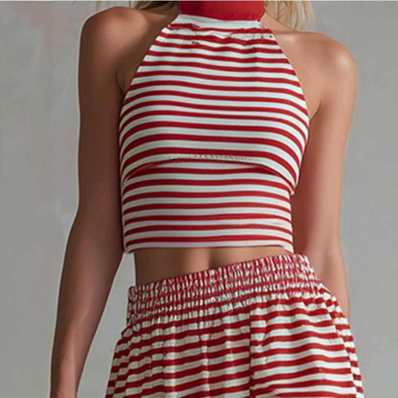 Retro Red Striped Sleeveless Top and Skirt Set