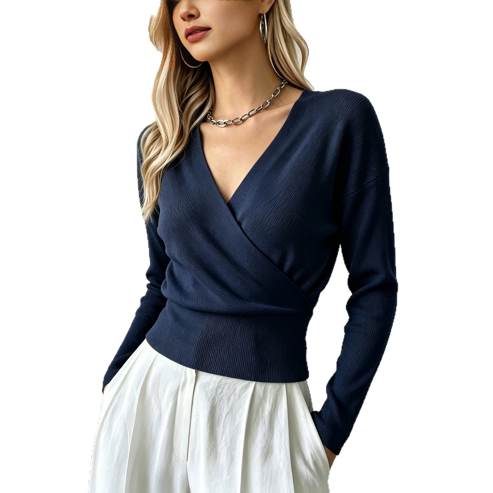 Women's Cross-Front V-Neck Ribbed Knit Top Waist-Fitted Long Sleeve