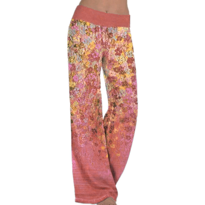 Gradient Floral Print Wide Waistband Wide-Leg Pants Lightweight Drapey Loose Fit