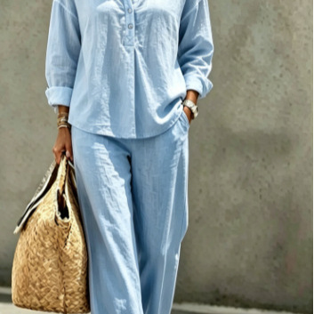 Women's French Casual Half-Button Long-Sleeve Shirt & Wide-Leg Pants Set